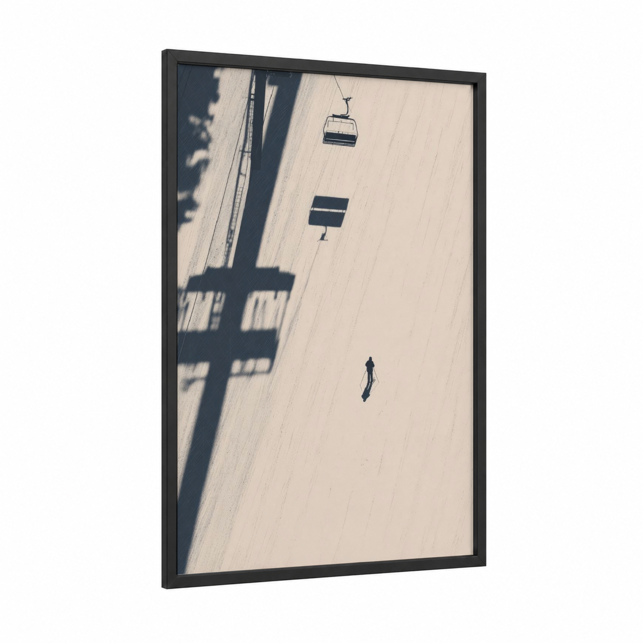 Snowy Descent Aerial framed skiing print — black wood frame — white and dove gray palette
