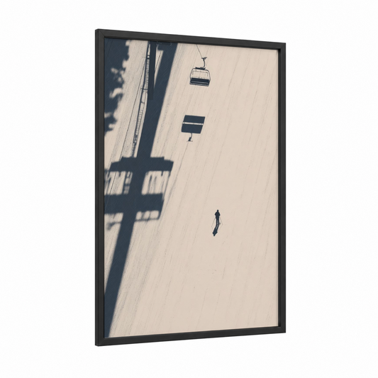 Snowy Descent Aerial framed skiing print — black wood frame — white and dove gray palette