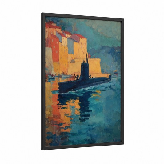 Harbor Submarine framed art print — black wood frame — blue and gold palette