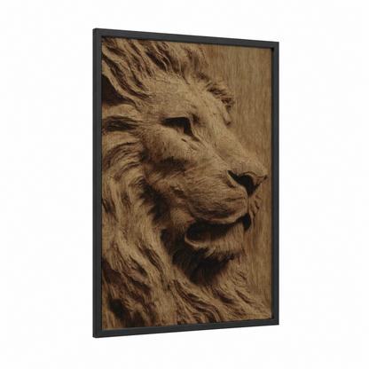 Majestic Lion Carving framed woodcarving print — black wood frame — brown and beige palette