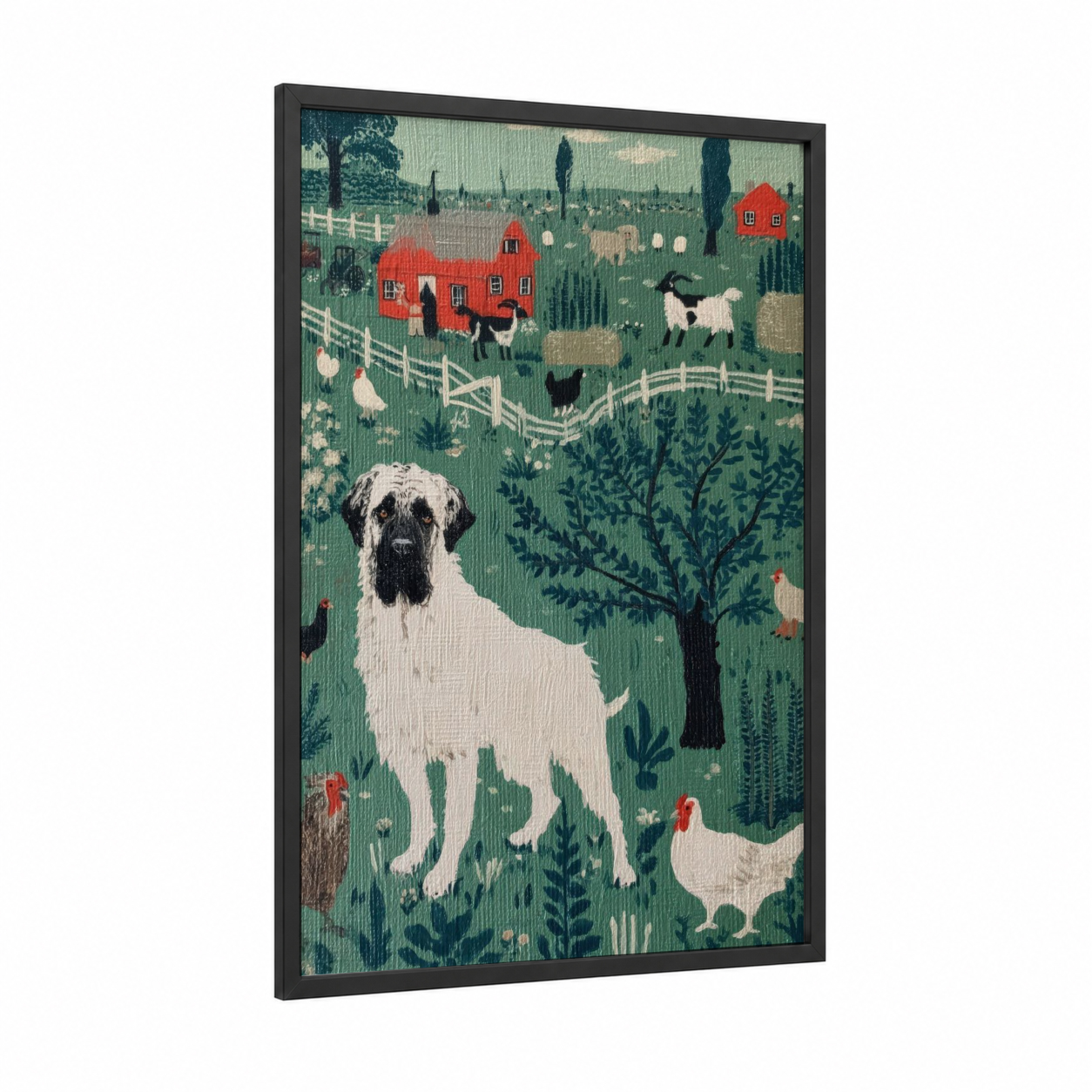 Pastoral Mastiff framed art print — black wood frame — true green and red palette