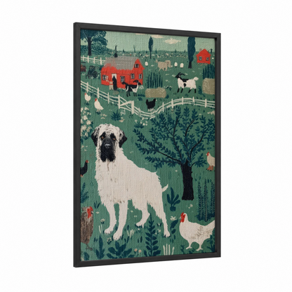 Pastoral Mastiff framed art print — black wood frame — true green and red palette