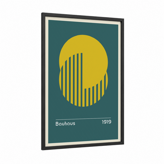Bauhaus Geometry framed abstract geometric print — black wood frame — yellow gold and dark blue palette