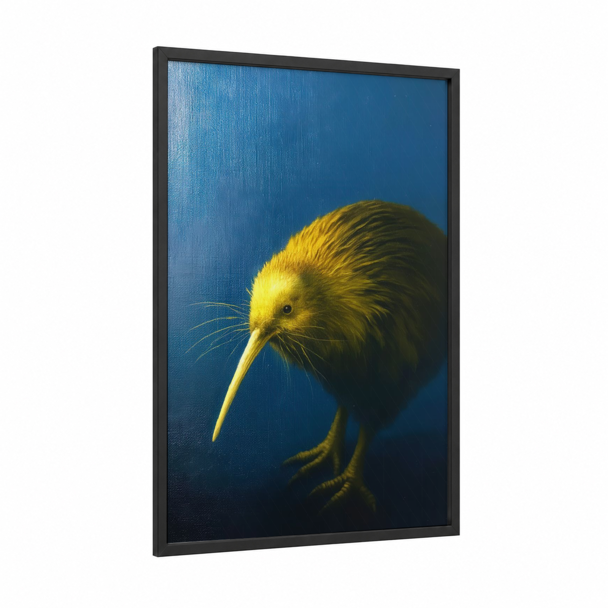 Golden Kiwi framed art print — black wood frame — yellow gold and blue palette