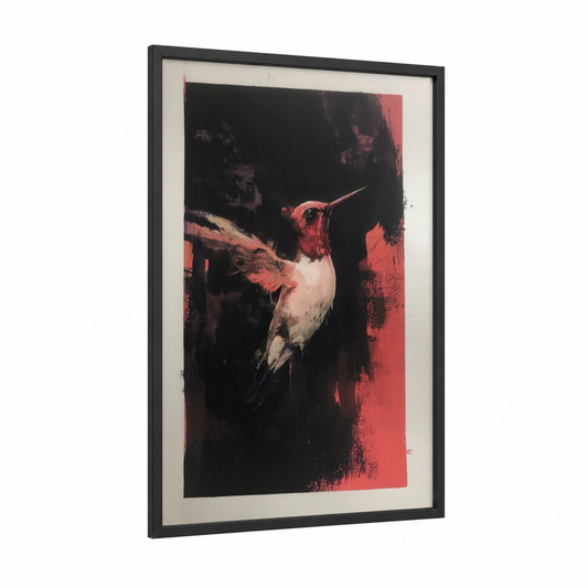 Crimson Hummingbird framed art print — black wood frame — red and black palette
