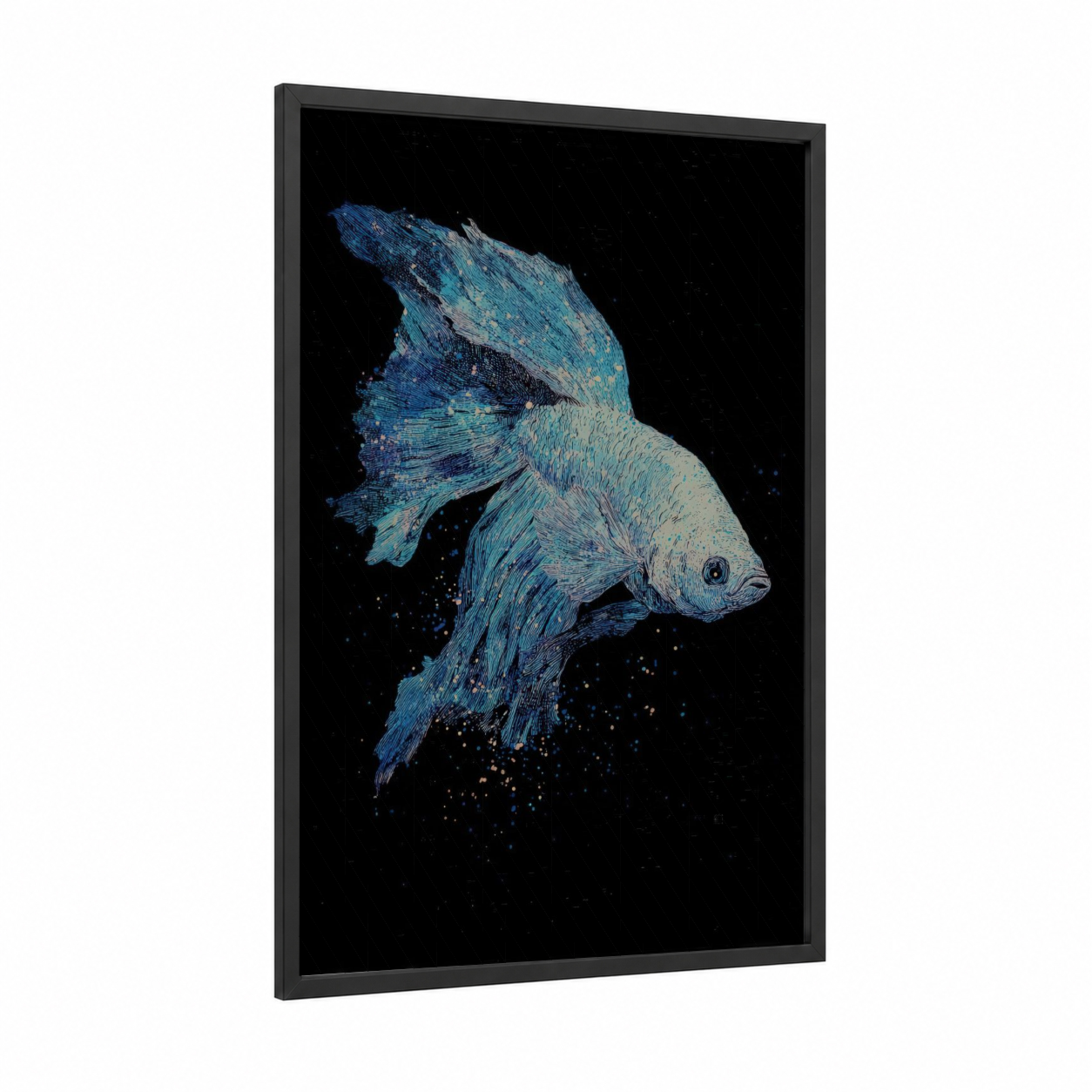 Iridescent Betta Fish framed art print — black wood frame — blue and turquoise palette