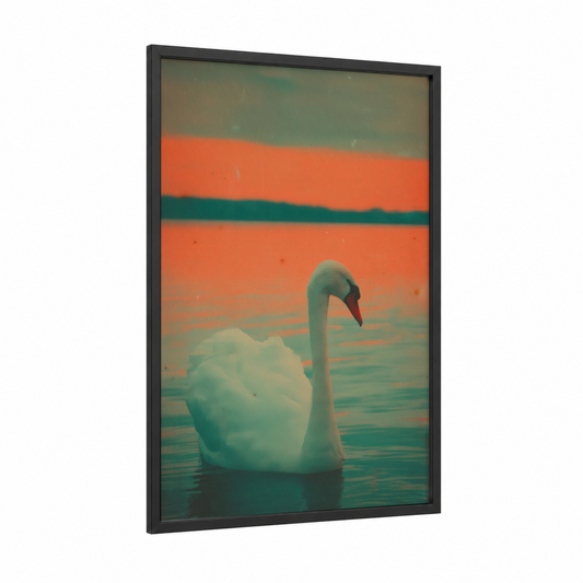 Sunset Swan framed art print — black wood frame — orange and teal palette