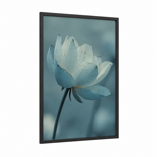 Dewy Lotus Bloom framed art print — black wood frame — blue and white and dove gray palette