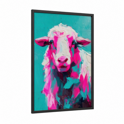 Pop Art Sheep framed art print — black wood frame — magenta and turquoise palette