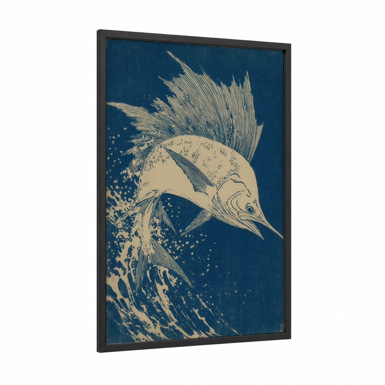 Cresting Sailfish framed art print — black wood frame — dark blue and cream palette