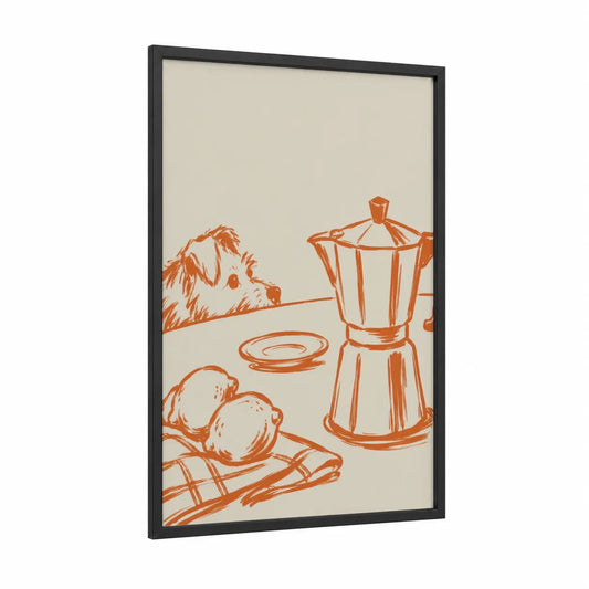 Coffee Lover Terrier Kitchen Wall Art framed dogs print — black wood frame — orange and beige palette