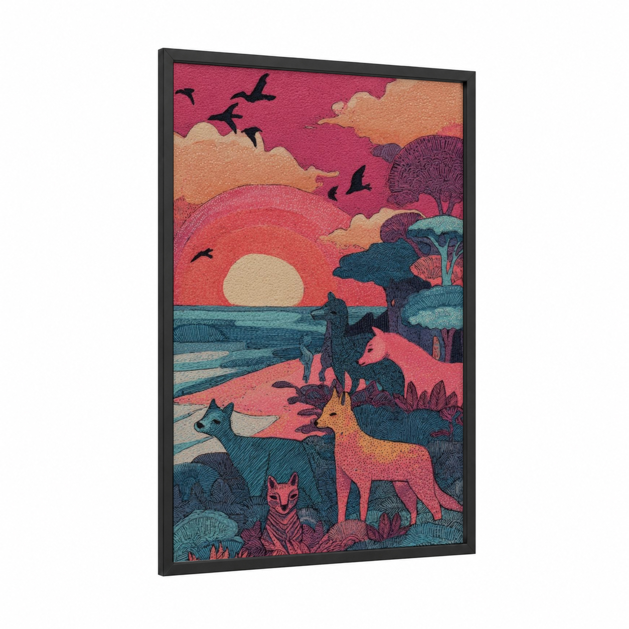 Crimson Sunset Safari framed beach sunrise and sunsets print — black wood frame — magenta and teal palette