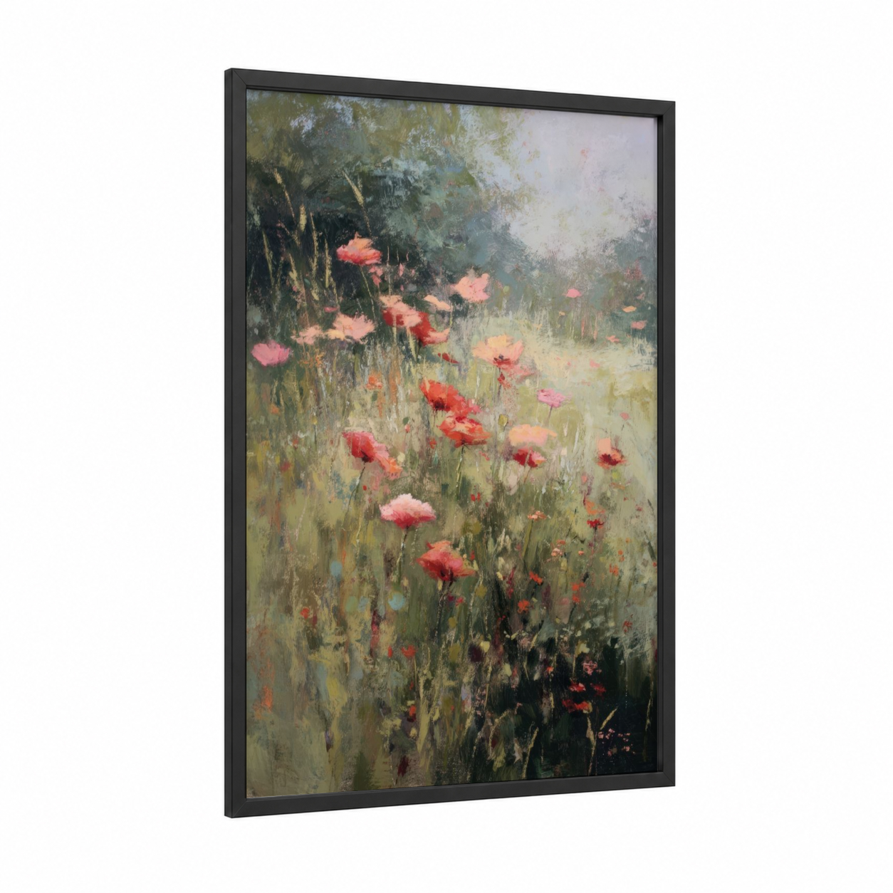 Misty Poppy Field framed poppies print — black wood frame — red and green palette