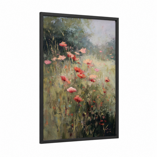 Misty Poppy Field framed poppies print — black wood frame — red and green palette