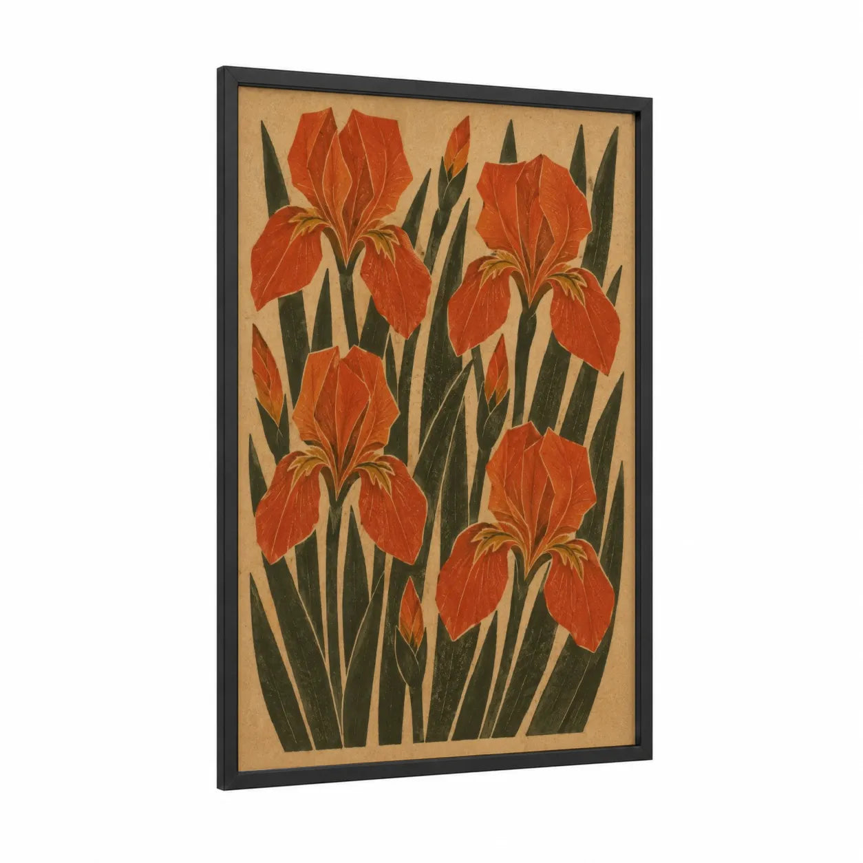 Japanese Iris Botanical Wall Art framed art print — black wood frame — orange and olive palette