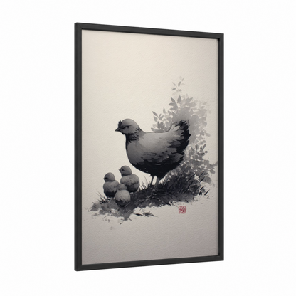 Protective Hen framed chicken and roosters print — black wood frame — gray and white and black palette
