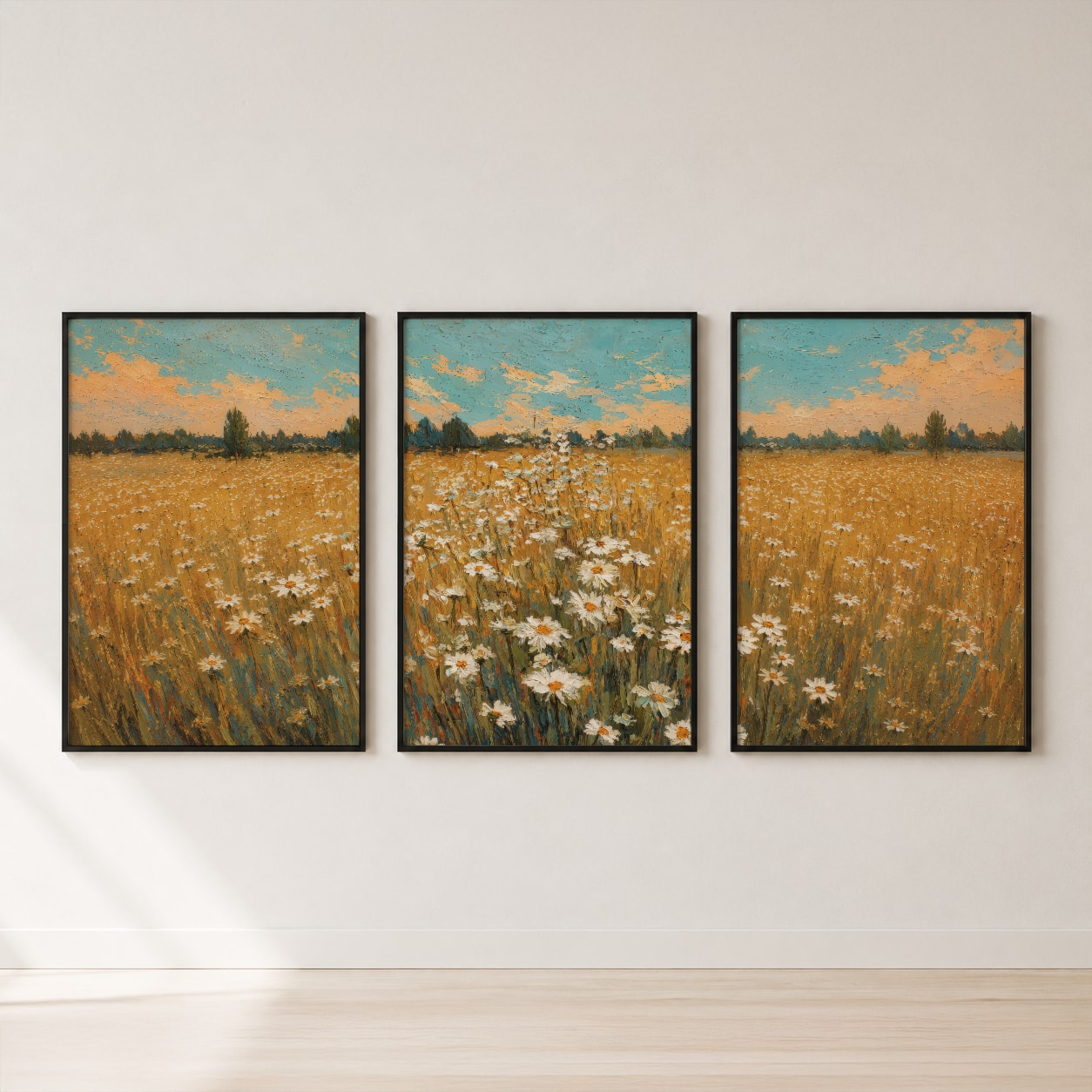 Daisy Field Triptych Impressionist Wall Art Set — set hero