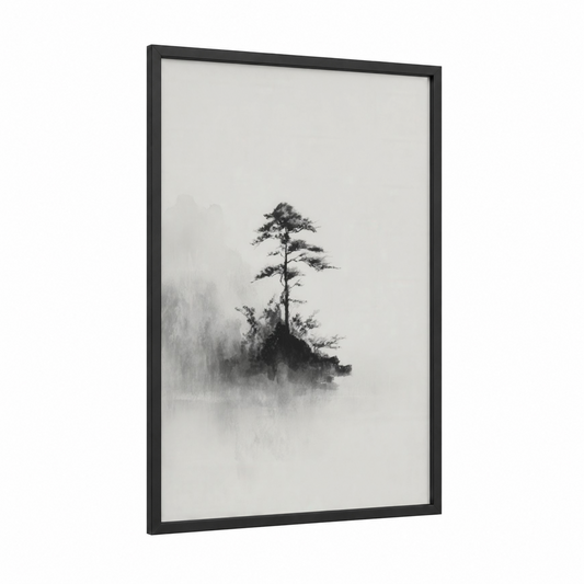 Misty Island Pine framed art print — black wood frame — black and white and gray palette