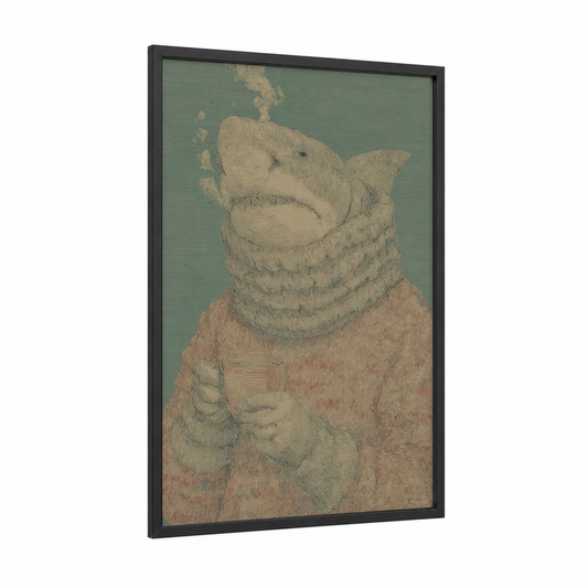 Cozy Shark framed basking shark print — black wood frame — sage green and peach palette