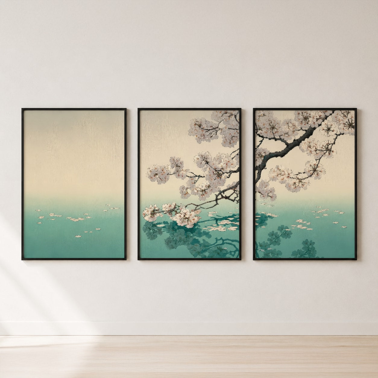 Cherry Blossom Over Water Triptych Wall Art Set — set hero