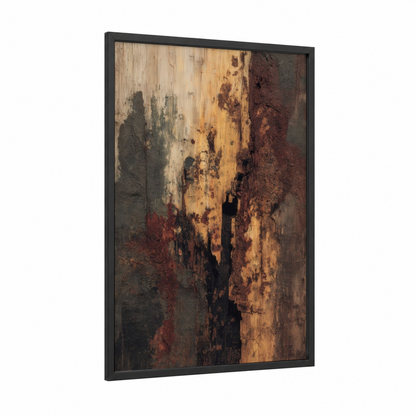 Weathered Kauri framed kauri tree print — black wood frame — brown and gold palette