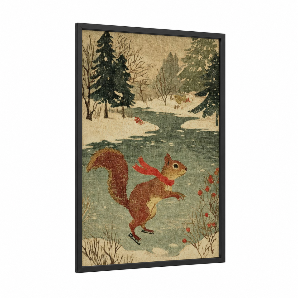 Festive Squirrel framed art print — black wood frame — cream and green palette