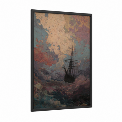 Stormy Sailing Ship framed art print — black wood frame — russet and cream palette