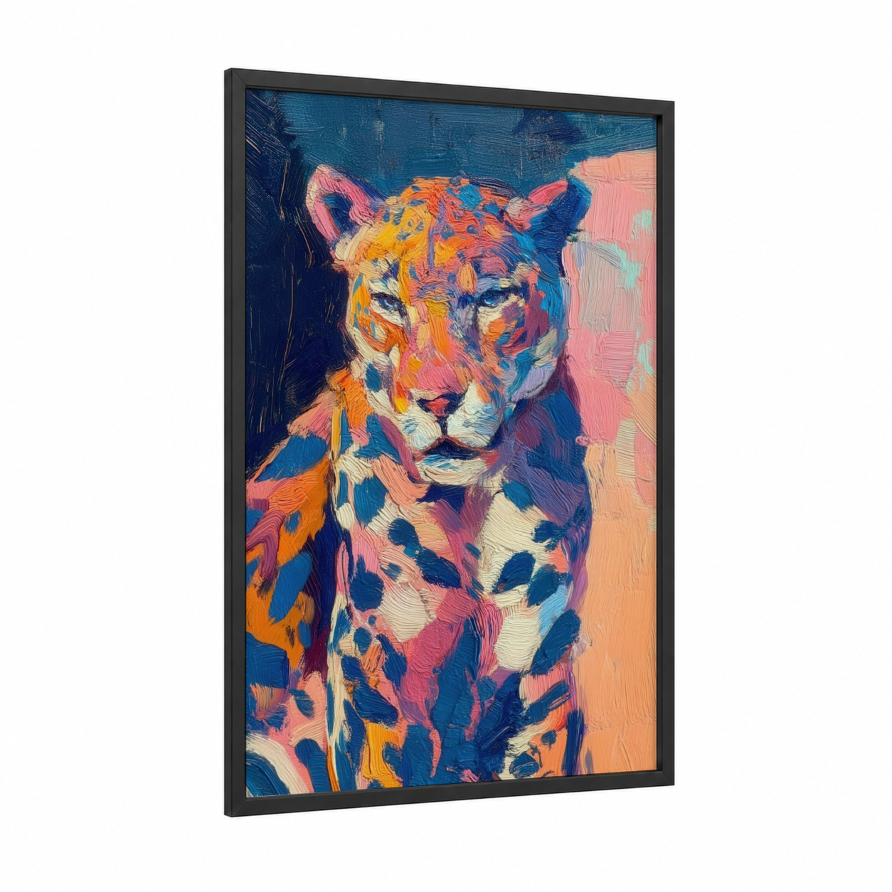 Colorful Jaguar framed art print — black wood frame — orange and blue palette