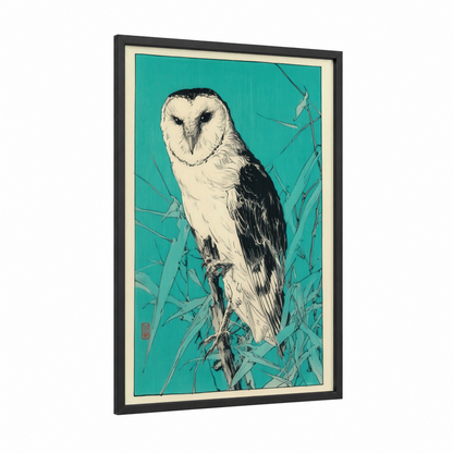 Turquoise Barn Owl framed art print — black wood frame — teal and black and white palette