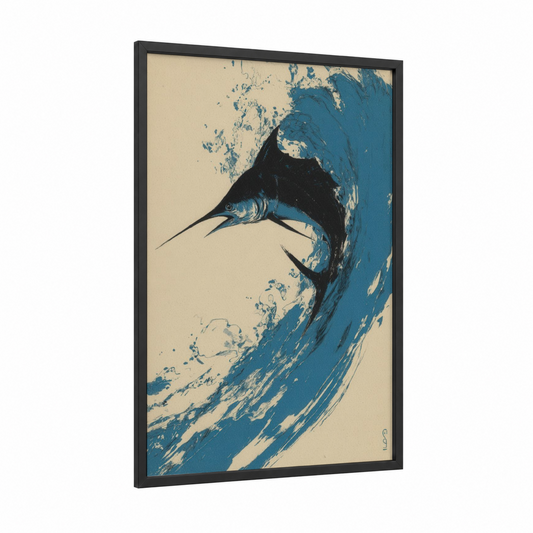 Marlin Wave framed art print — black wood frame — dark blue and cream palette