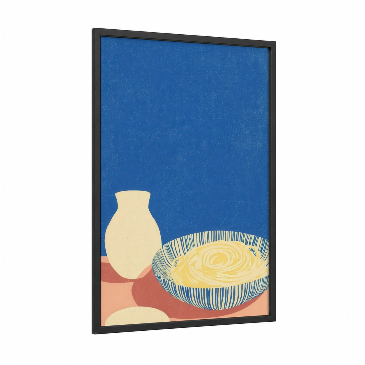 Creamy Pasta Bowl framed art print — black wood frame — blue and cream palette