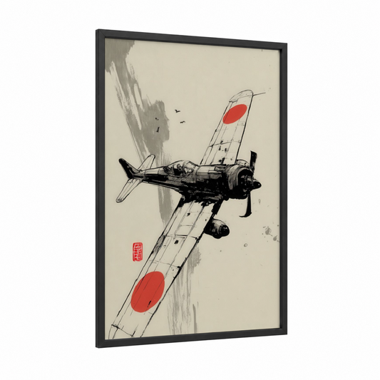 Rising Sun Warbird framed vintage airplane print — black wood frame — black and white and red palette