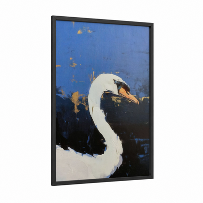 Elegant Swan framed art print — black wood frame — blue and gold palette