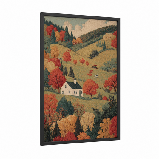 Autumn Valley Cottage framed art print — black wood frame — red and gold palette