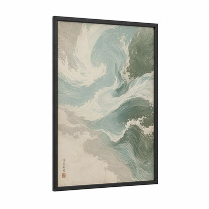 Japanese Ocean Waves Storm Wall Art framed seascapes and ocean print — black wood frame — sage green and cream palette