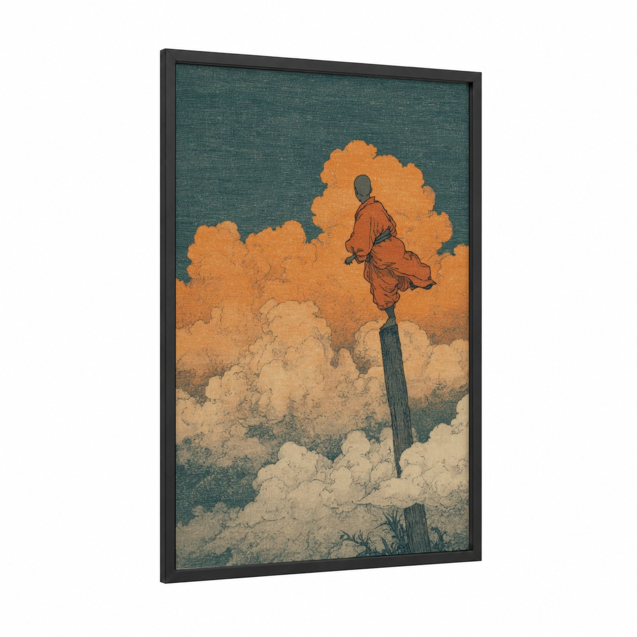 Cloud Warrior framed kung fu print — black wood frame — teal and gold palette