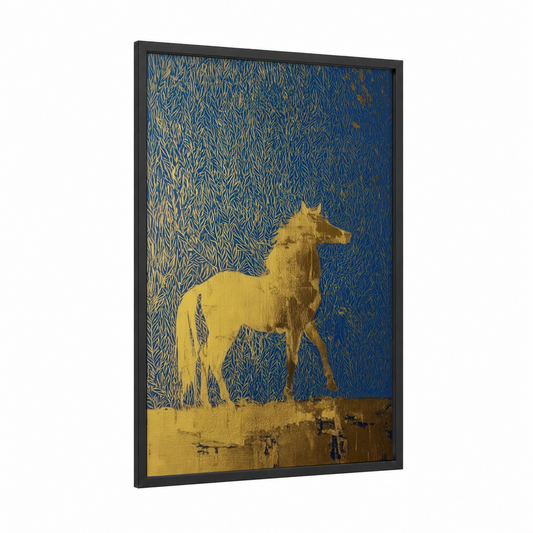 Golden Miniature Horse framed art print — black wood frame — royal blue and gold palette
