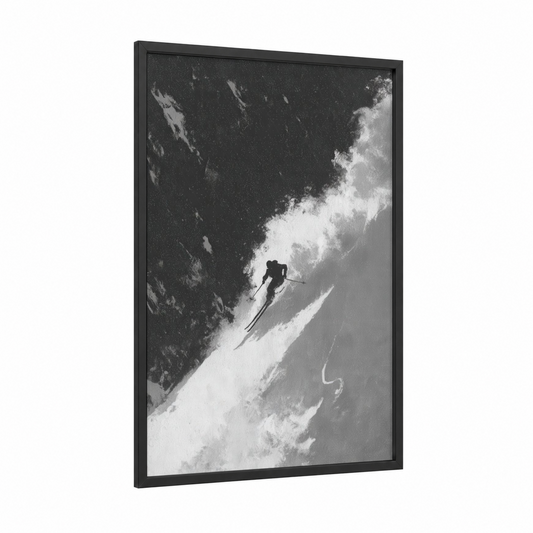 Snowy Descent Skier framed skiing print — black wood frame — black and white palette