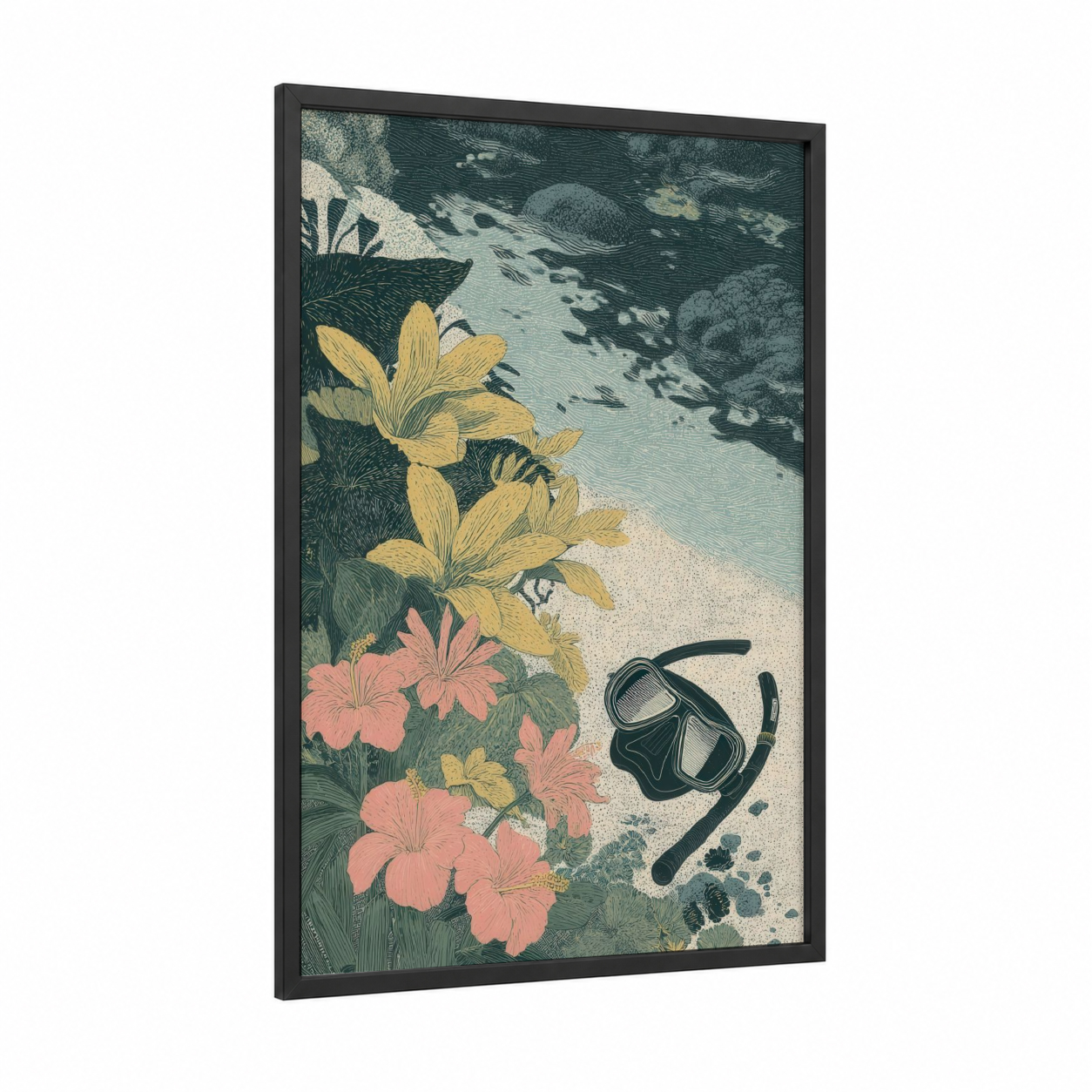 Coastal Snorkeling framed art print — black wood frame — teal and peach palette