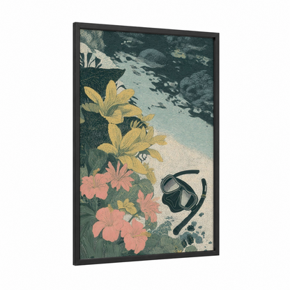 Coastal Snorkeling framed art print — black wood frame — teal and peach palette