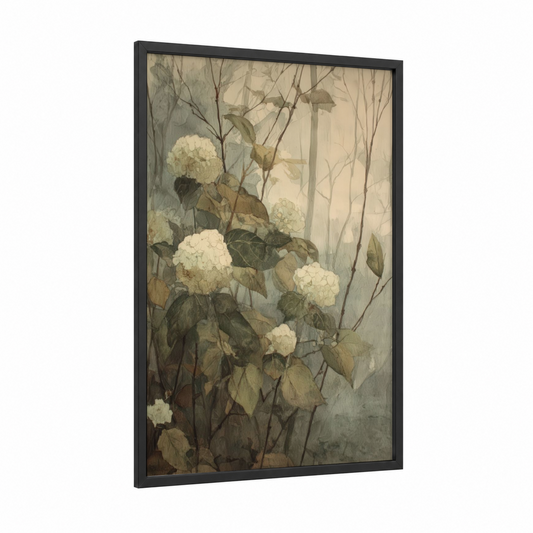 Misty Hydrangea framed art print — black wood frame — cream and dove gray palette