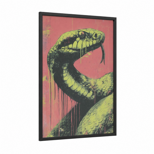Crimson Python framed art print — black wood frame — black and gold and magenta palette