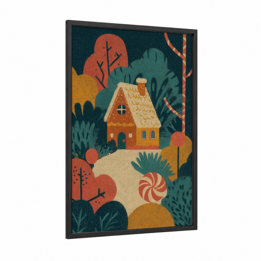Gingerbread House framed baking print — black wood frame — dark green and mustard palette