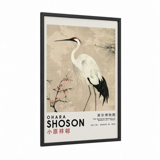 Elegant Crane Vintage framed art print — black wood frame — cream and black and white palette