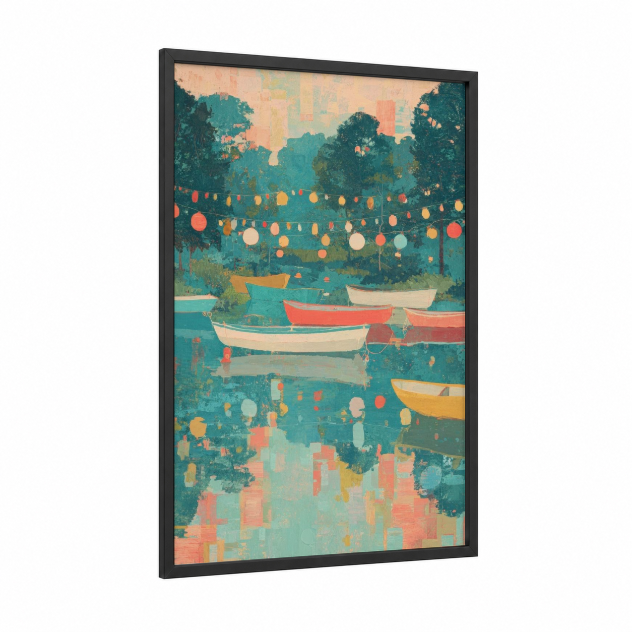 Lantern Lake Celebration framed 4th of july print — black wood frame — teal and salmon pink palette