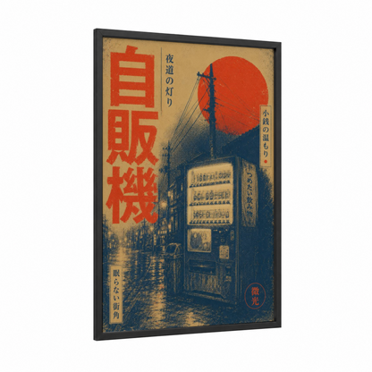Japanese Vending Machine Sunset Wall Art framed street dance print — black wood frame — red and beige palette