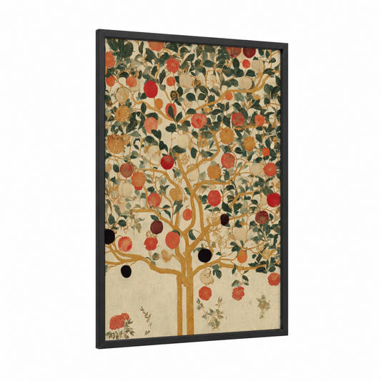 Pomegranate Tree Blessing framed christian symbols print — black wood frame — gold and red palette