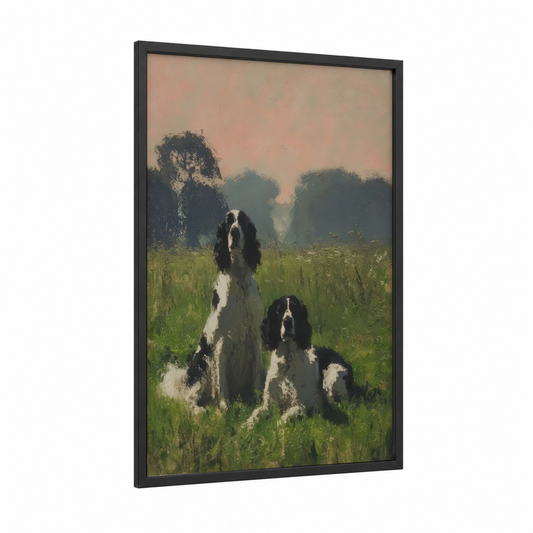 Misty Field Spaniels framed art print — black wood frame — peach and light green palette