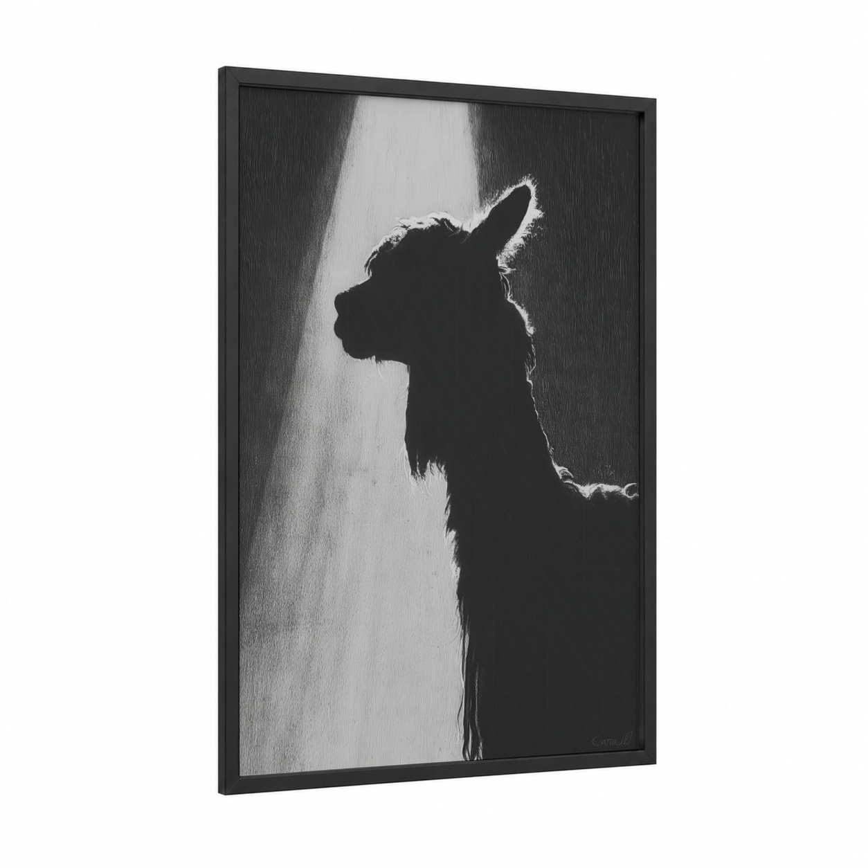 Contemplative Alpaca framed art print — black wood frame — black and white palette