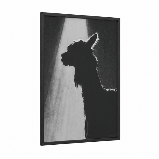Contemplative Alpaca framed art print — black wood frame — black and white palette
